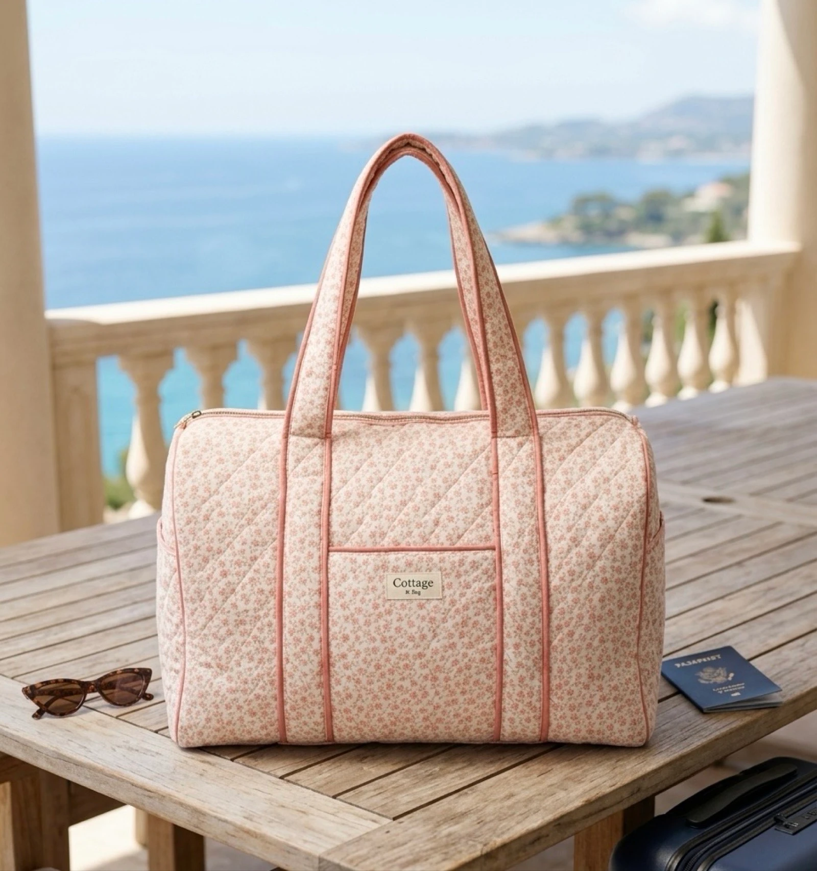 Sac de Voyage 100% Coton Collection Cottage & Bag / Modèle Champs de Fleurs Rose